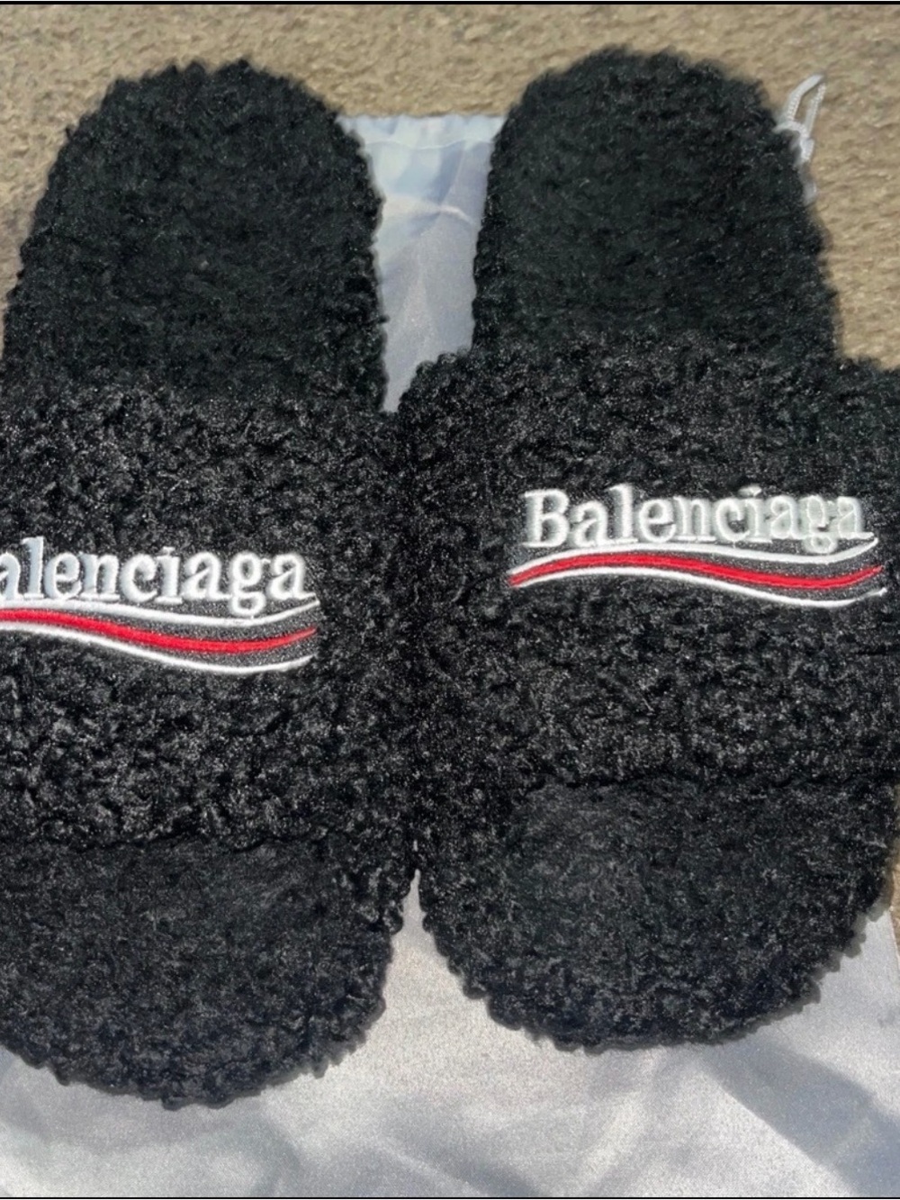 Balenciaga Black fur Slide Sandals Slip-On Faux Fur Straps Logo size US10 EU43